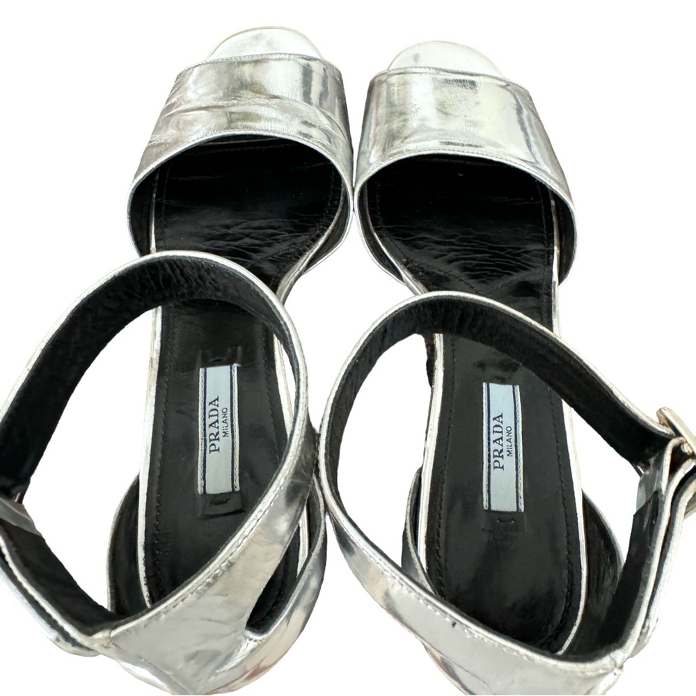 PRADA Sandal Silver Leather Block Heel - Picture 9 of 17